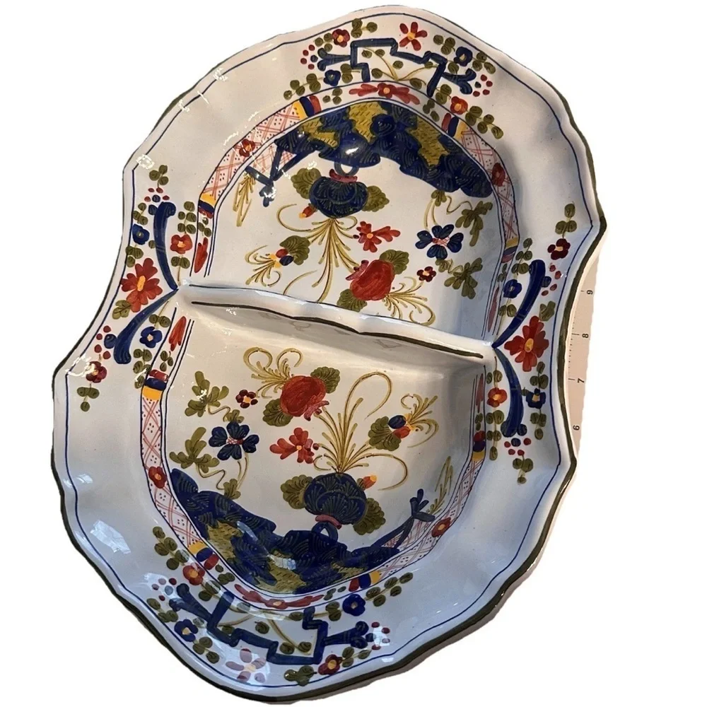 C Faenza Garofano Blue Carnation Oval Divided Serving Bowl 13 x 9